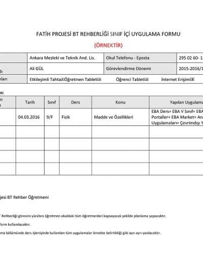 Fatih Projesi BT Rehberliği Sınıf İçi Uygulama Formu